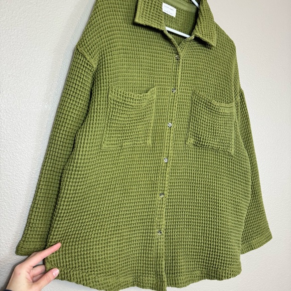 PAPER LABEL Lanca Waffle Knit shacket jacket Button down in moss large A - Picture 3 of 12